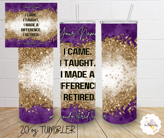 Personalized Purple and Gold Teacher Retirement Tumbler - 20oz Skinny Tumbler