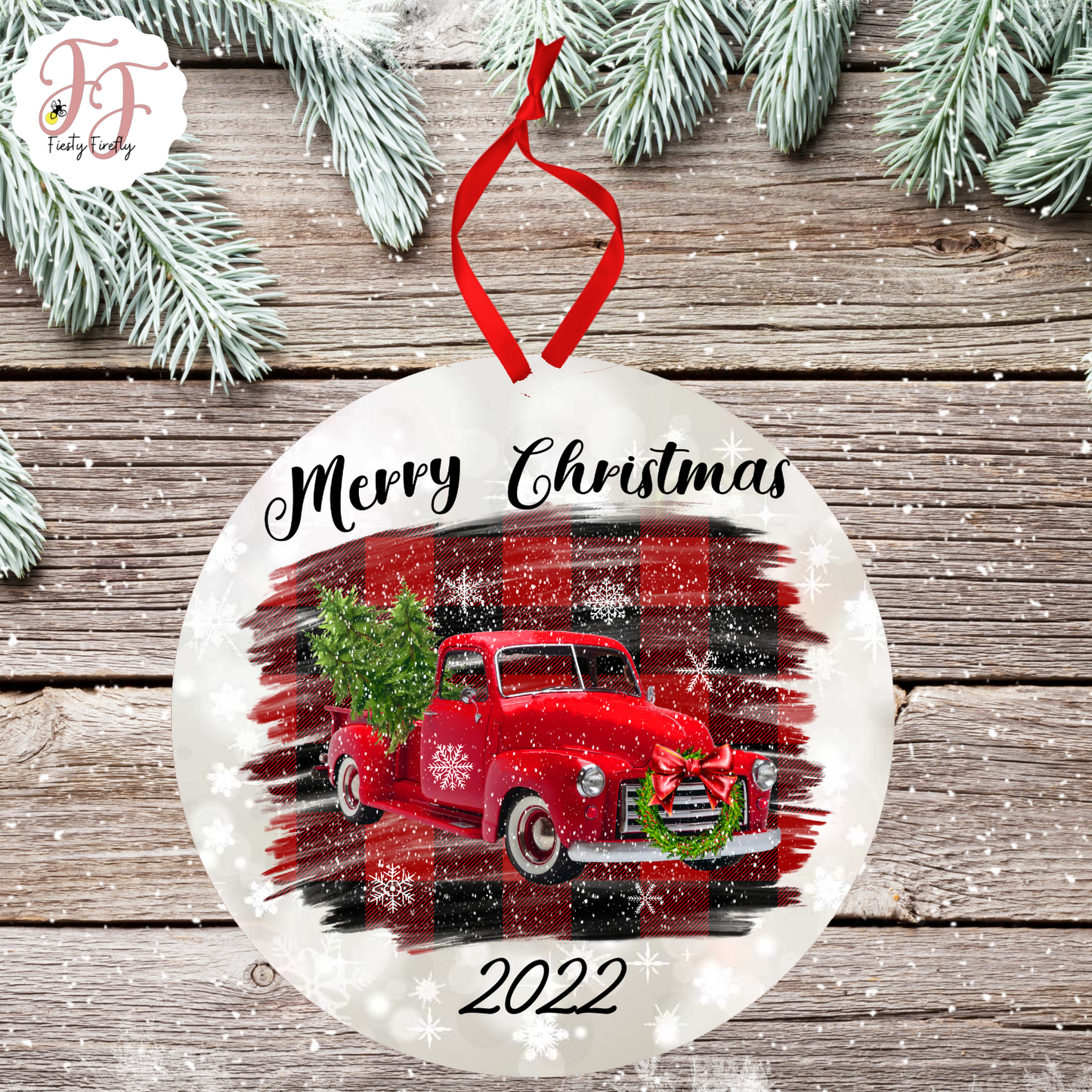 Merry Christmas Truck- Photo Ornament- Circle