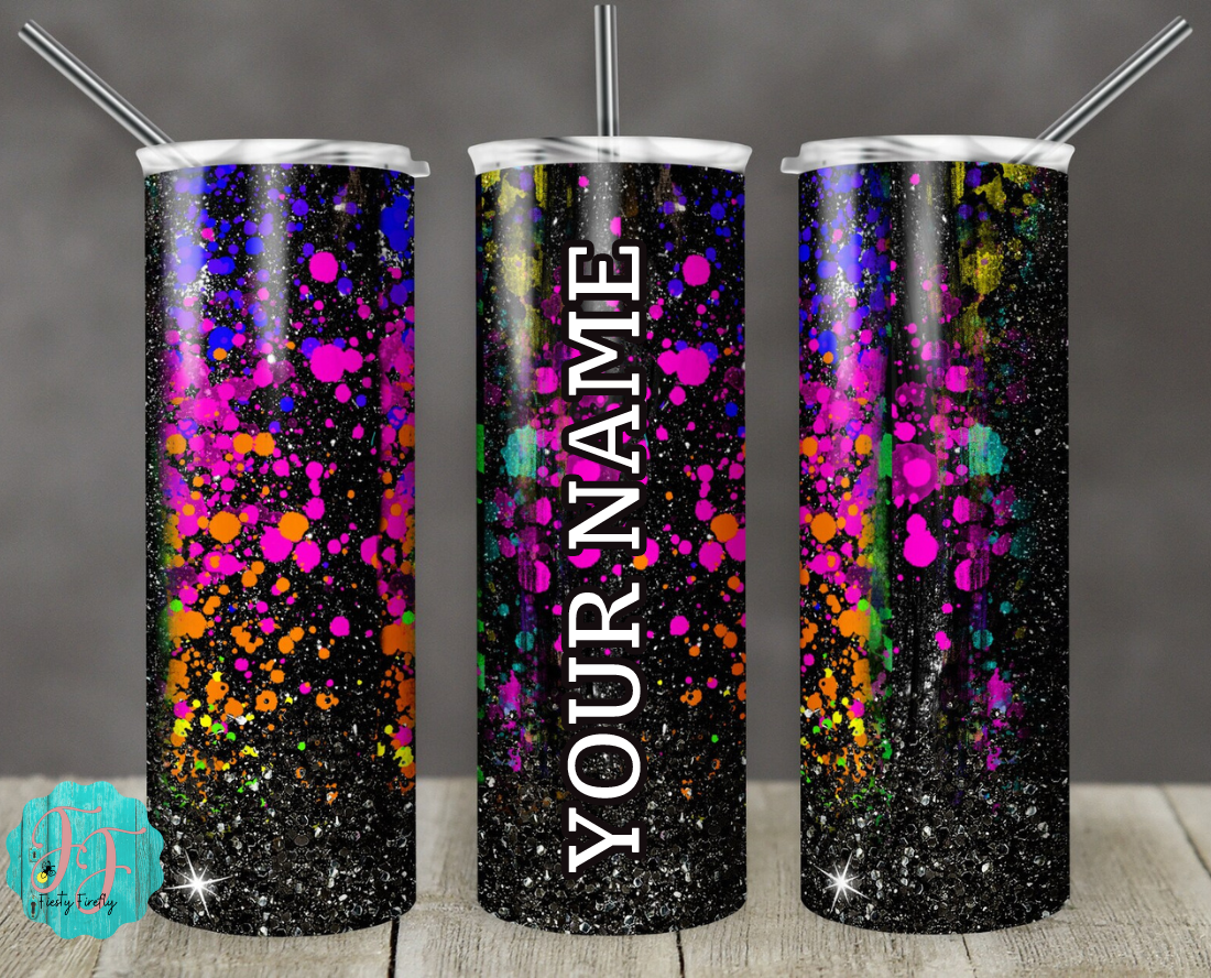 Black Glitter with Neon "Spray Paint" - 20oz Skinny Tumbler